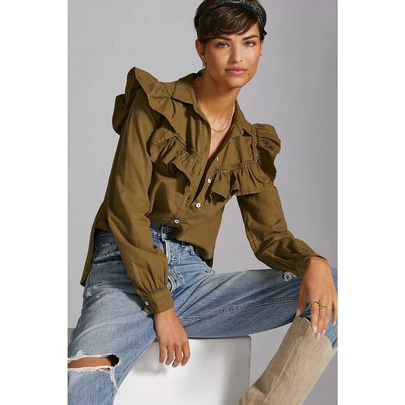 Anthropologie Tops - Anthropologie Pilcro Ruffled Chambray Button Down Shirt Small Olive Green Boho